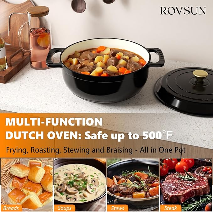 ROVSUN Enameled Cast Iron Round Dutch Oven, 6QT Pot with Lid &Dual Handles with Silicone Gloves,Oven Safe up to 500째F, Heavy-Duty Pre-Seasoned Cookware for Bread Baking, Braising, Stews, Roasting, Black
