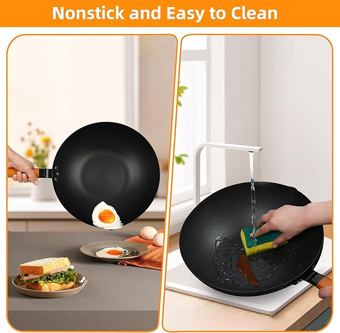 12.5-Inch Carbon Steel Wok with Lid ??Pre-Seasoned Flat Bottom Stir-Fry Pan, Nonstick Wok for Induction, Gas, Electric & All Stovetops ??Chinese Wok with Glass Lid