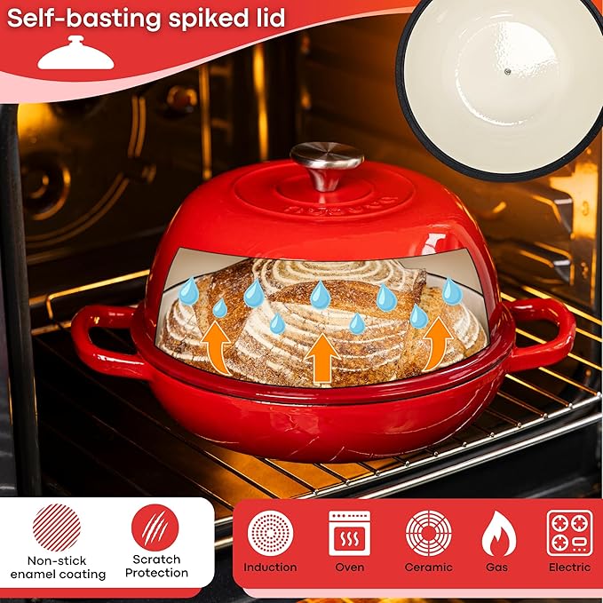 Enamelled Cast Iron Dutch Oven Pot ??Dutch Oven For Sourdough Bread Baking ??Cast Iron Bread Pot ??Red, 6 Quarts, 26cm ??by Nuovva