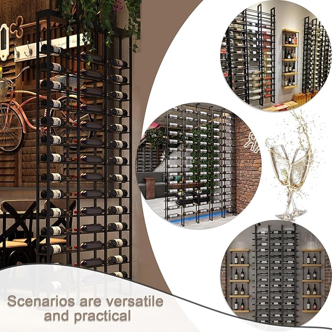 Wall Mounted Wine Rack, H 94.49inch, 16 Rows, Black 16 Bottle Wine Cellar Racks, Metal Wine Bottle Holder for Home Bar, Wine Kitchen Storage (Black, 1 Column竊?6 Bottles竊?