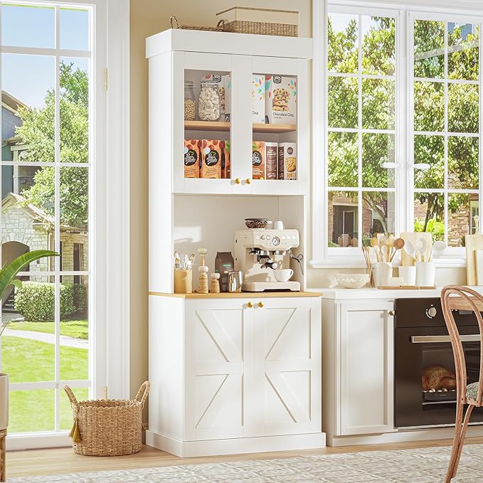 71" Tall Farmhouse Kitchen Pantry, Large Storage Cabinet with Glass Doors and Drawers, Freestanding Coffee Bar Hutch with Microwave Stand, Adjustable Shelves for Kitchen, Living Room, White 4 Pcs