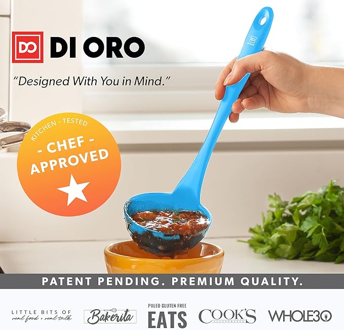 DI ORO Silicone Ladle ??Soup Ladle for Cooking & Serving Heat-Resistant - Large Kitchen Soup Ladle Nonstick Cookware Safe - Soup Serving Spoon with Wide Bowl - Silicone Utensil Dishwasher Safe (Blue)