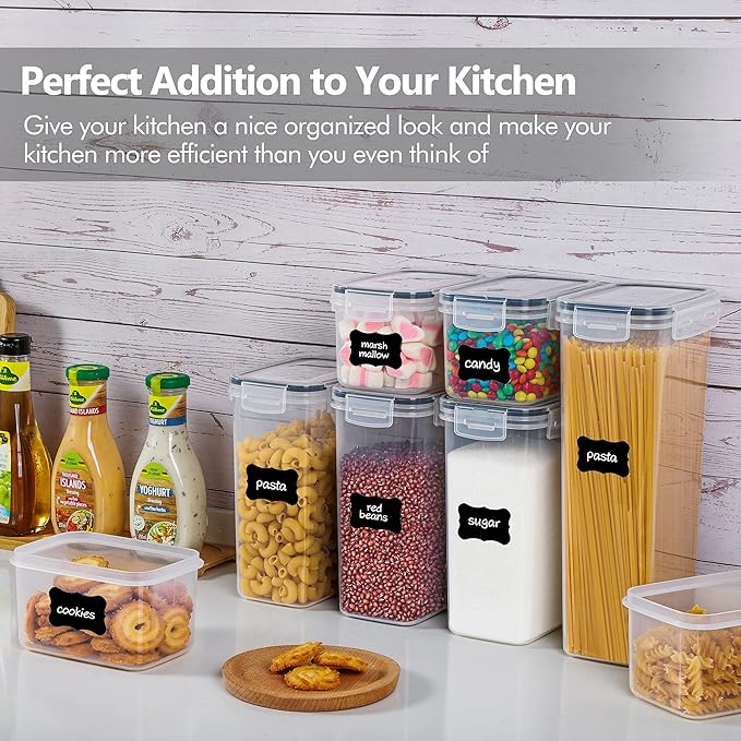 Airtight Food Storage Containers with Lids, Vtopmart 24 pcs Plastic Kitchen and Pantry Organization Canisters for Cereal, Dry Food, Flour and Sugar, BPA Free, Includes 24 Labels竊똁lack