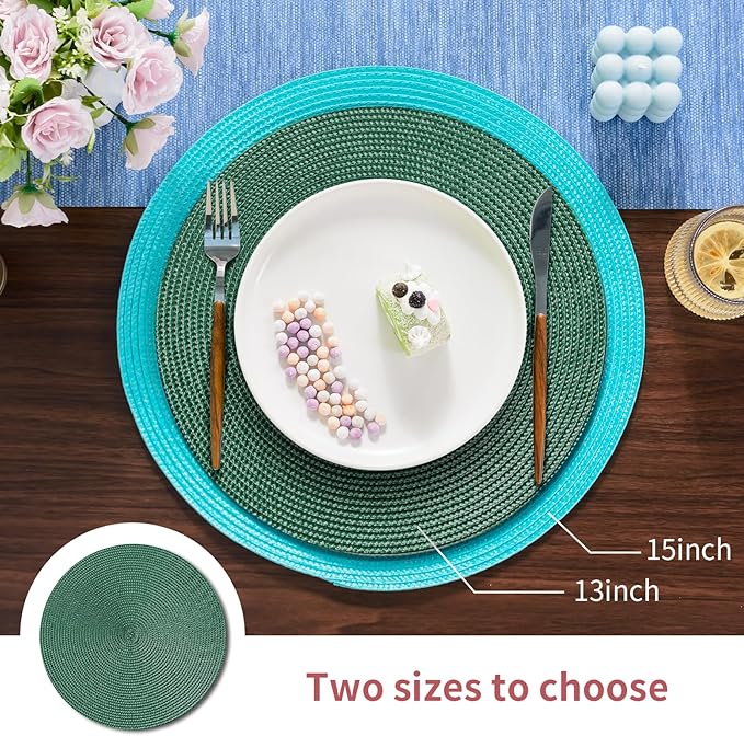 FunWheat Round Braided Placemats Set of 4 Place Mats for Dining Tables Woven Washable Non-Slip Table mats Small 13 inch(S Green, 4pcs)