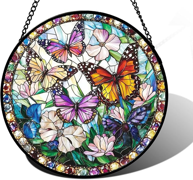 Stained Glass Window Hanging, Colorful Butterfly Suncatcher for Doors Home Sun Catchers Decoration and Christmas, Mother's Day Birthday Gifts for Women, Men, and Mom 11.8x11.8 in