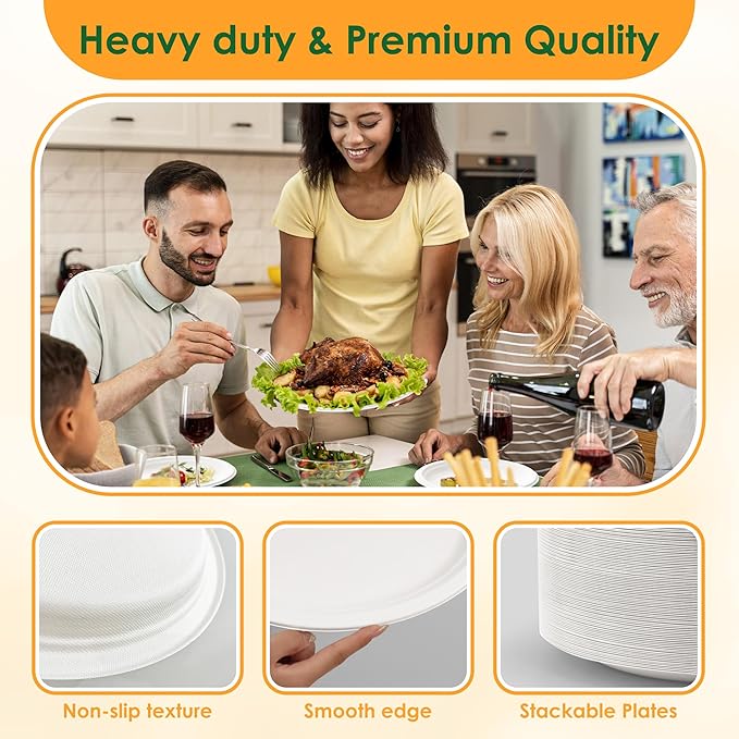 Disposable Oval Paper Plates, 100Pack 12.5inch Biodegradable Large, Compostable Heavy Duty Bagasse Platters Eco-Friendly Sugarcane Plates for BBQ, Party, Picnic - White