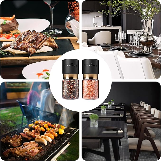 Gold Salt and Pepper Grinder Set with External Adjustable Coarseness Stainless Steel Sea Salt & Pepper Mill Set Ceramic Core Spice Grinder Refillable Glass Black and Gold Shaker Kitchen Accessories