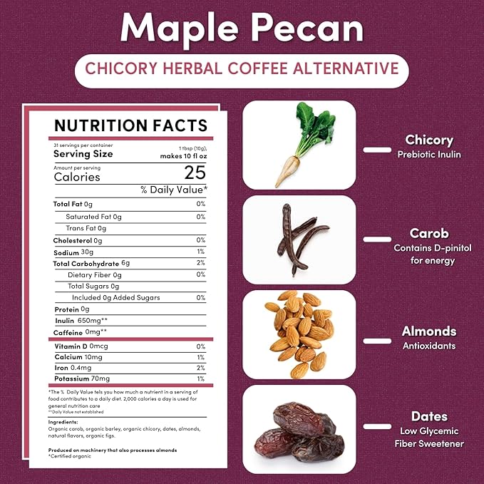 Teeccino Maple Pecan Chicory Coffee Alternative - Ground Herbal Coffee That?™s Prebiotic, Caffeine Free & Acid Free, Medium Roast, 11 Ounce