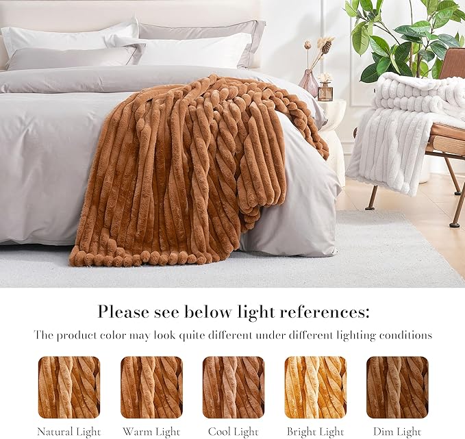 Am챕lie Home Faux Fur Throw Blanket for Couch, Cozy Fuzzy Fluffy Fur Luxurious Soft Striped Plush Gift Blankets for Family Sofa Chair Bedroom, 55"x70", Brown