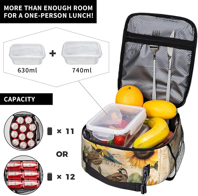 VANZEV Vintage Bird Print Insulated Lunch Box Gifts for Kids Adults Sunflower and Musical Note Design Reusable Portable Lunchbox Cooler Lunchbag for Work Picnic School Travel or Hiking