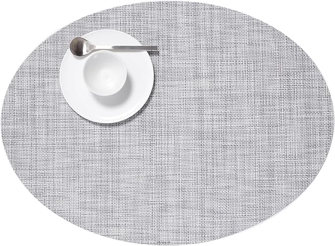 Chilewich Mini Basketweave Placemats in Mist - Set of 4 - Easy Care Woven Tabletop Textiles - Indoor/Outdoor - 19.25" x 14" Oval