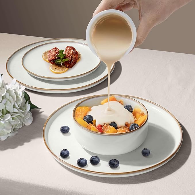 Herogo 18-Piece Stoneware Dinnerware Set for 6, Handmade Plates & Bowls with Double Reactive Glaze, Microwave and Dishwasher Safe, Scratch Resistant, Ivory White