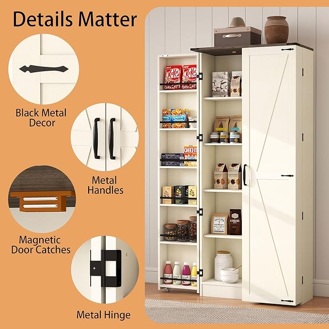 Tall Kitchen Pantry Cabinet: 67" Off White Farmhouse Pantry Cabinet for Kitchen Storage, Large Wood Food Storage Cabinet with Doors, Freestanding Food Cupboard