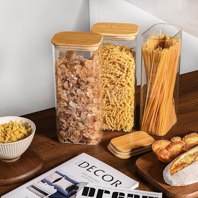 71oz Rectangle Airtight Glass Storage Containers with Bamboo Lids (Set of 4), Square Food Storage Jar, Pantry Organizers for Sugar, Flour, Spaghetti and Coffee beans (?럚ith Black Lable)