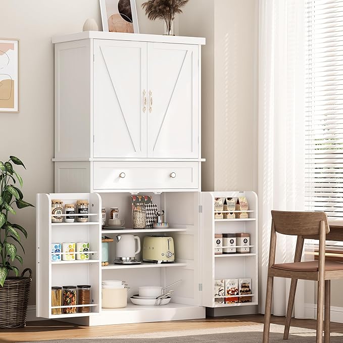 72" Tall Kitchen Pantry Cabinet, White Pantry Storage Cabinet with Adjustable Shelves, Barn Doors and Drawer, Farmhouse Cupboard for Kitchen, Dining Room, Bathroom (16" D x 30" W x 72" H)
