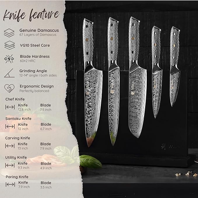 Wakoli Noir Blanc Damascus Knife Block Set ??5-Piece Professional Chef Knife Collection with Magnetic Block ??Kitchen Knives made of 67-Layer Damascus Steel Blades & Ergonomic G10 Handles in Gift Box