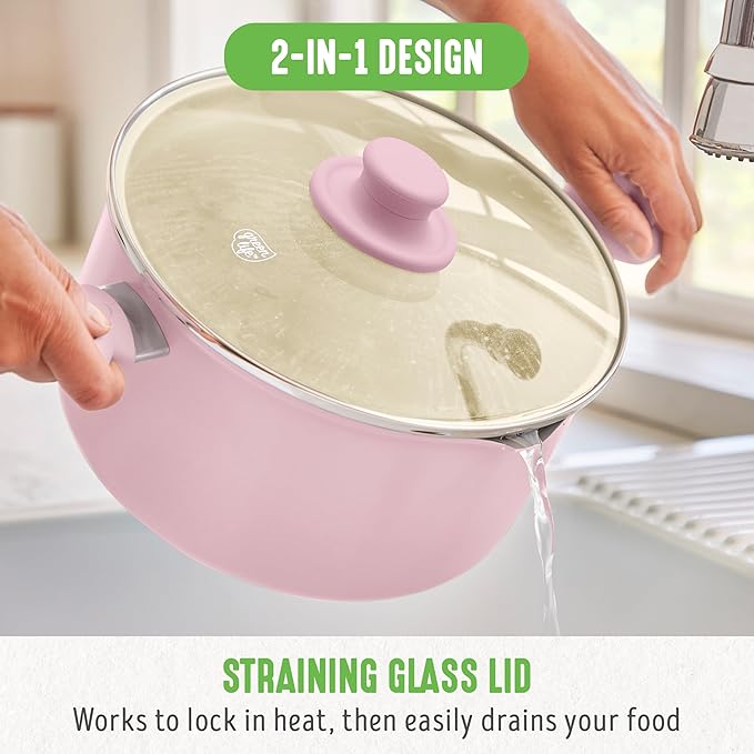 GreenLife 6QT Ceramic Nonstick Stockpot with Glass Straining Lid, PFAS-Free, Dishwasher Safe, Stay-Cool Handles, Oven Safe to 350째F, Wobble-Free Base, Even Heating, Pink