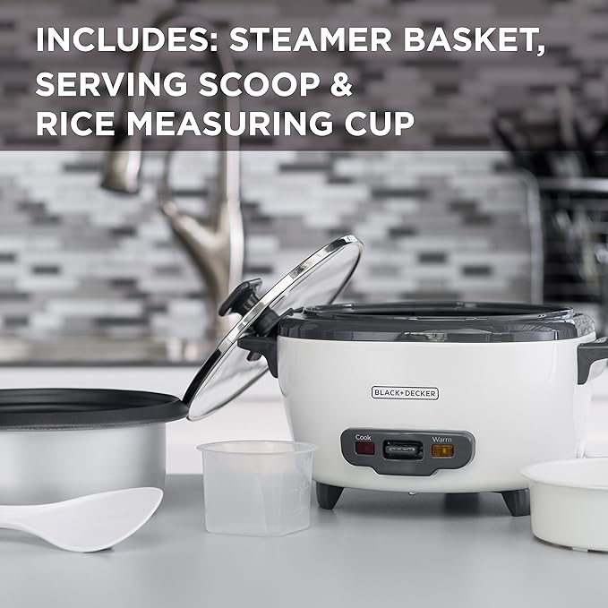 BLACK+DECKER Rice Cooker 6-Cup (Cooked) with Steaming Basket, Removable Non-Stick Bowl, White