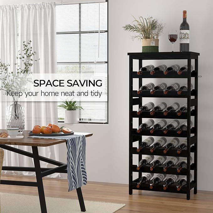 28-Bottle Wine Rack Free Standing Floor, Solid Wood 7-Tier Display Wine Storage Shelves with Tabletop, Wobble-Free Bottle Holder for Cellar Kitchen Bar Dining Room Living Room