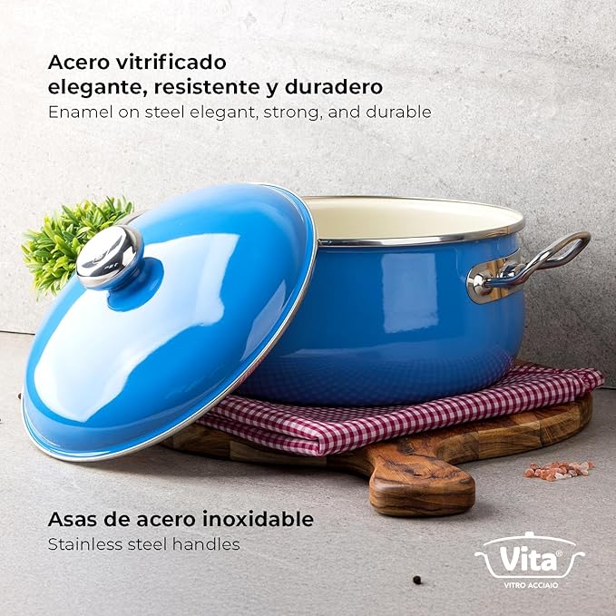 VITA 6-Quart Dutch Oven (Blue) with Lid for All Stove Tops (Enamel on Steel) Dishwasher & Oven Safe up to 500 ??- Quick & Even Heat Distribution - Enameled Interior is Non-Reactive & Easy to Clean