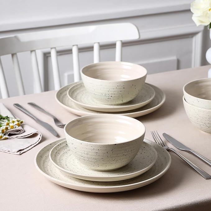 Stone Lain Dua 12-Piece Dinnerware - Stoneware, Plate and Bowls, Dishwasher and Microwave Safe, Dish Set for 4, White