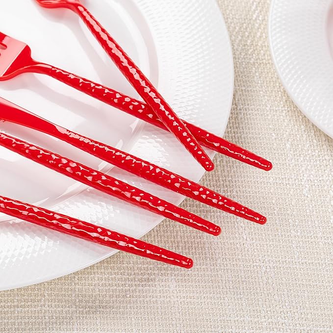 LIYH 150 Pcs Red Plastic Cutlery Sets - Red Plastic Silverware Heavyduty,Disposable Utensil Sets, 50 of Each Forks, Knives & Spoons Flatware Set for Party Birthday Valentine's Day Mother's Day