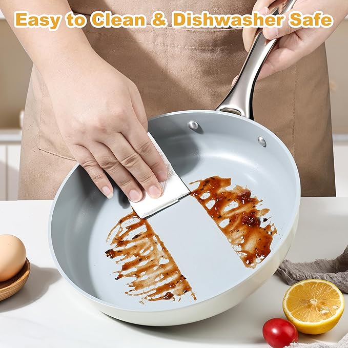 Non Stick Frying Pans Set, Ceramic Skillet, Non Toxic Omelette Egg Pans for Cooking, 8" 9.5" 11" PFAS & PTFE & PFOA Free with Stainless Steel Handle, Dishwasher & Oven Safe, White