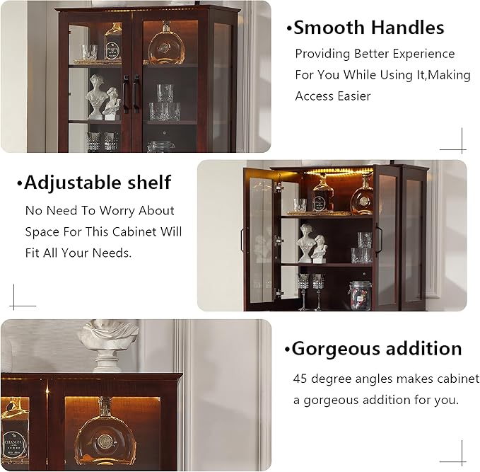 71'' Tall Pantry Cabinet with Glass Doors,Modern Kitchen Pantry Cabinet with 3 Adjustable Shelves and a Drawer, LED for Better Showcase,for Dining Room and Kitchen,Wine Red