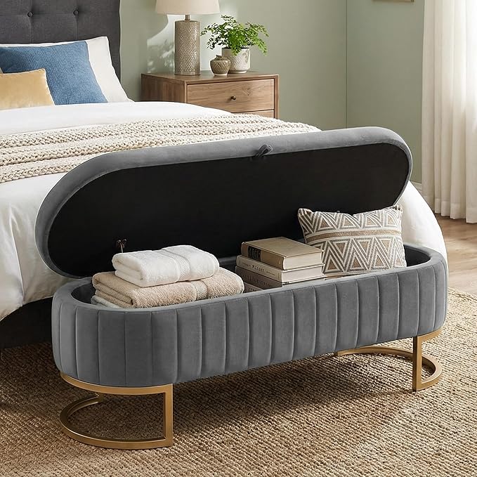 VIROL 65 Inch Storage Ottoman Bench Velvet End of Bed Storage Bench King Size Upholstered Tufted Bench Large Space for Bedroom Living Room Entryway Light Grey