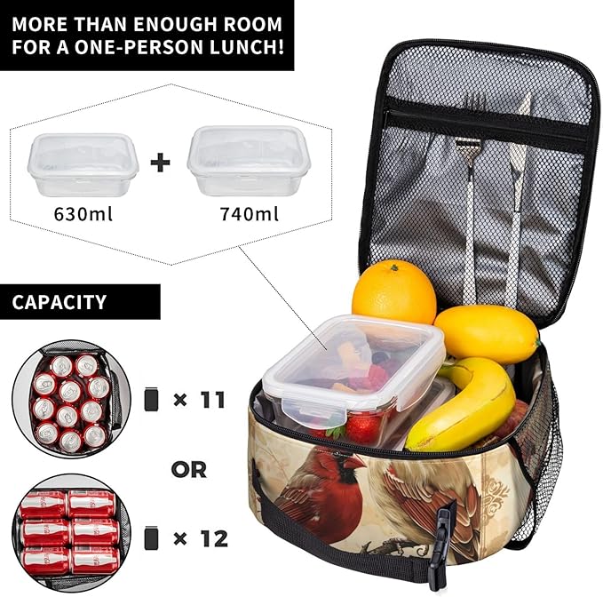 VANZEV Elegant Cardinal Bird Print Insulated Lunch Box Gifts for Kids Adults Graceful Red Animal Design Reusable Portable Lunchbox Cooler Lunchbag for Work Picnic School Travel or Hiking