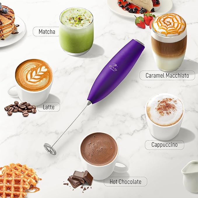 Zulay Kitchen Milk Frother Handheld Electric Whisk with AA Duracell Batteries ??Durable Drink Mixer for Coffee, Lattes, Cappuccinos & More - Purple