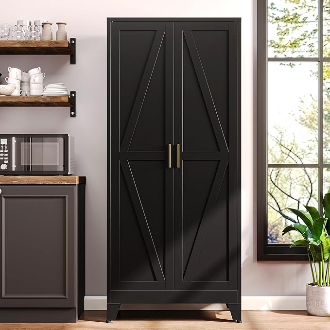 71" H Black Pantry Kitchen Cabinet with Doors,Black Metal Storage Cabinets,Freestanding Pantry Cabinet,Farmhouse Food Storage Cabinets,Tall and Large Pantry Cabinets for Kitchen, Dining Room