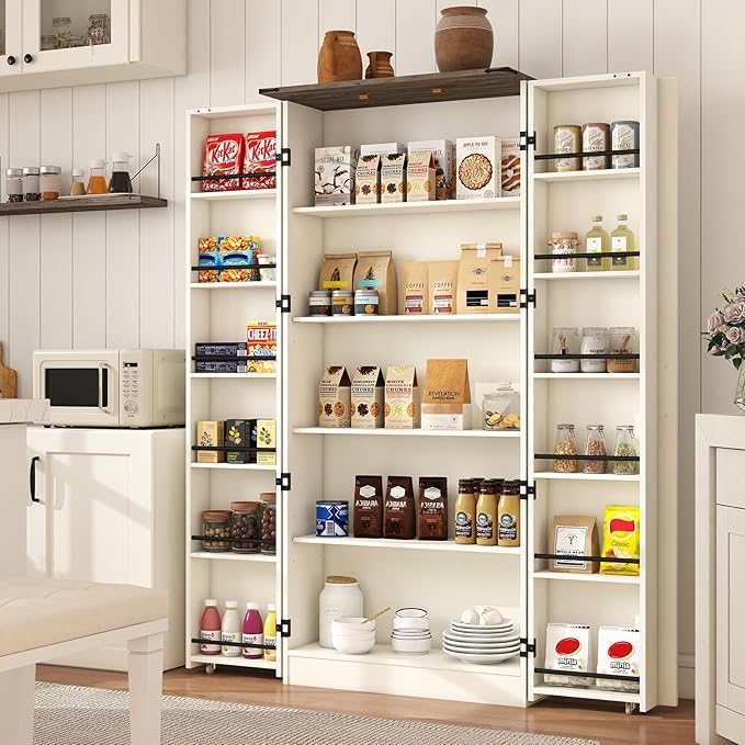 Tall Kitchen Pantry Cabinet: 67" Farmhouse Pantry Cabinet for Kitchen Storage, Off White Cupboard with 2 Barn Doors, Wood Food Storage Cabinets with Shelves (White)