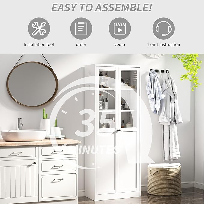 72 Inch Tall Metal Pantry Cabinet, Kitchen Pantry Storage Cabinets with Adjustable Shelves, Metal and Glass Pantry Cabinet for Kitchen Dining Room Living Room Bathroom, White
