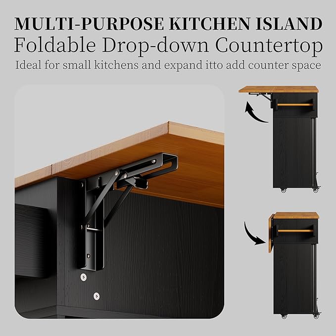 DHH Rolling Kitchen Island with Drop Leaf Countertop&Ample Storage - 39.4" Small Mobile Kitchen Cart On Wheels with Sliding Door,Drawers,Spice Rack & 2-Tier Storage (Black)