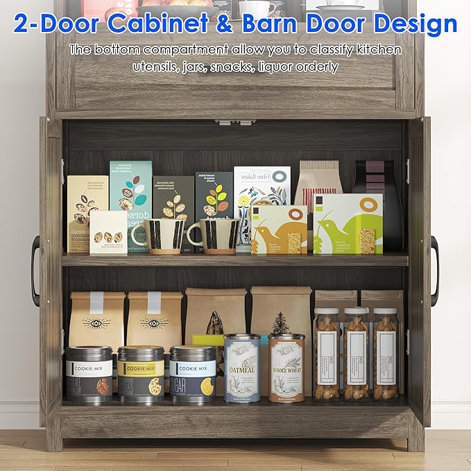 69" Tall Farmhouse Kitchen Pantry Cabinet, Kitchen Hutch Bar Cabinet with Drawers&Cup Holder, Large Wooden Storage Cabinets with Barn Doors&Microwave Stand, Cupboard for Dining Room(Ash Grey)