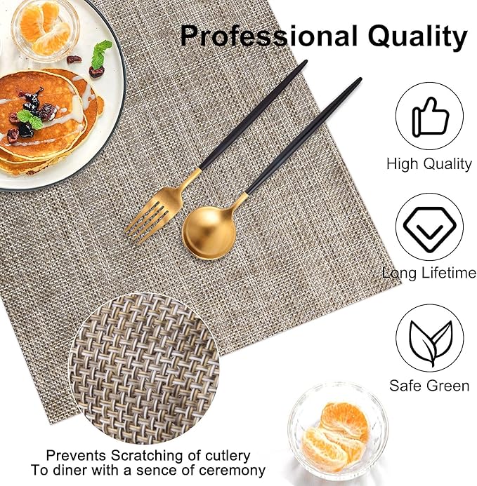 LANDVIEW Vinyl Placemats Set of 4, PVC Woven Washable Non-Slip Table Mats, Heat Resistant Wrinkle Free Place Mats for Dining Table, Easy to Clean (4, Cappuccino)