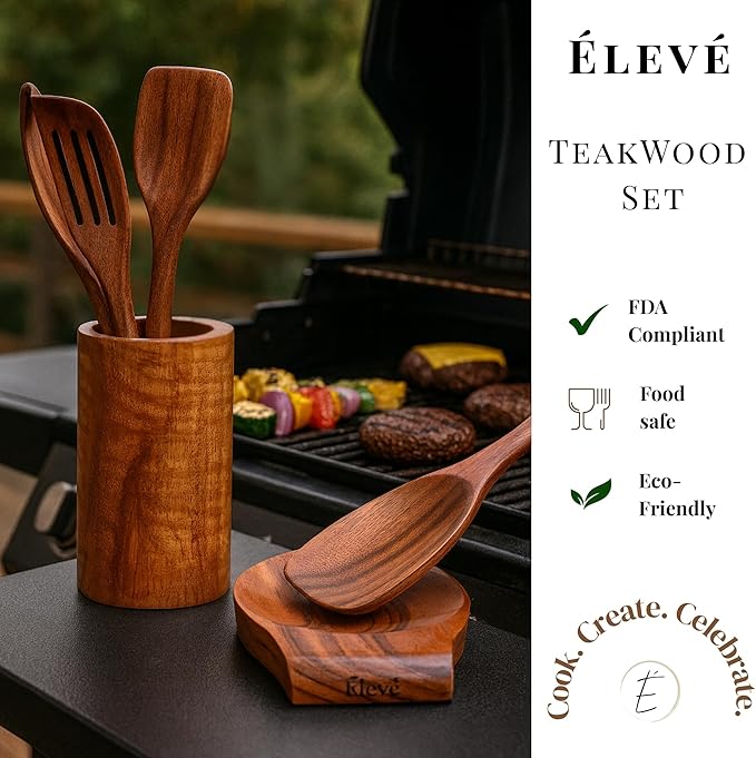 Natural Teak Wooden Spoons for Cooking & Serving Spoons | 9-Piece Home and Kitchen Wooden Utensil Set with Utensil Holder & Spoon Rest | Durable and Non-Stick Wooden Kitchen Utensils Set