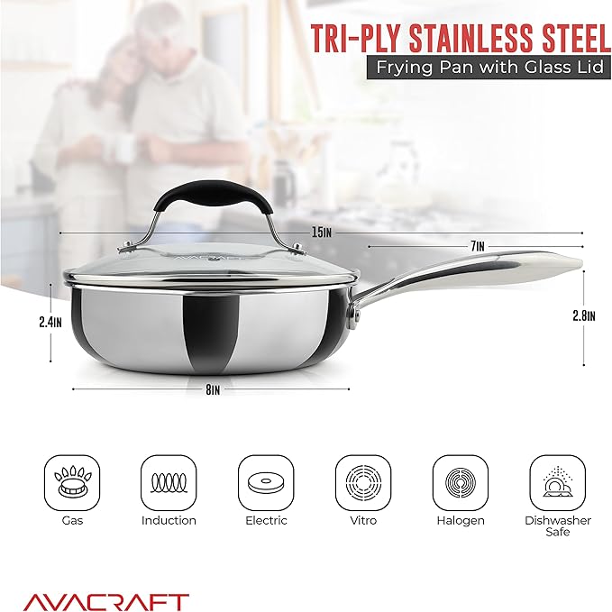 AVACRAFT 8 Inch Tri-Ply Stainless Steel Frying Pan with Lid, Side Spouts, Induction Pan, Versatile Stainless Steel Skillet, Fry Pan in our Pots and Pans (Tri-Ply Stainless Steel, 8 Inch)