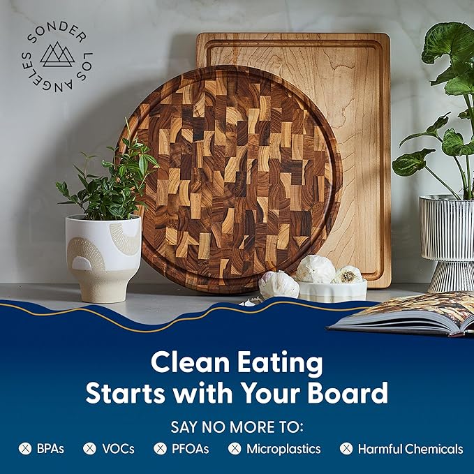 Sonder Los Angeles Vincent Round Cutting Board | Teak Edge Grain Cutting Board for Kitchen with Juice Groove | Perfect for Pizza & Charcuterie | Gift Box Included | 15x15x1.5 in