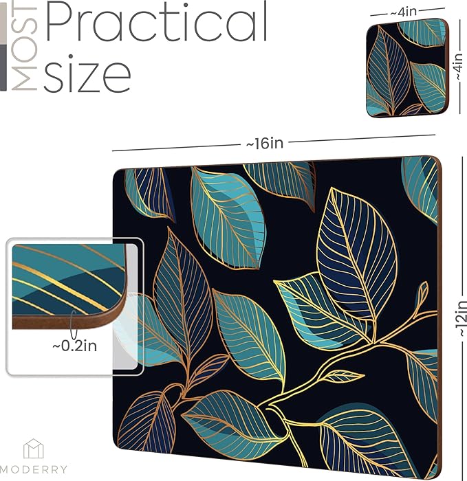 Moderry Set of 4 Heat Resistant Cork Placemats for Dining Table with Free Set of 4 Matching Drink Coasters Sage Green Marble Design 16 x 12 Inches Cork Backed Hard Placemats (Blue Gold Botanical)