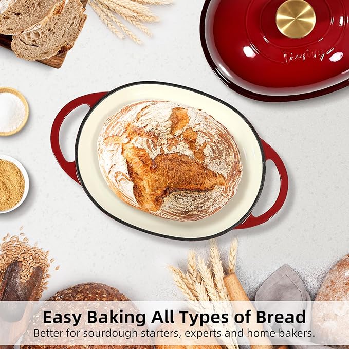 Davivy 6QT Oval Cast Iron Dutch Oven with Domed Lid, Bread Dutch Oven for Sourdough Bread Baking, Enameled Oval Sourdough Bread Loaf Pan 6QT, Bread Cloche Sourdough Pan with Lid - Ruby Red