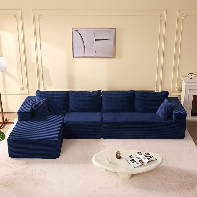 138" Boneless Couch with Deep Seat, Modular Sectional Sofa, Cloud Sectional Couch for Living Room, No Assembly Required, Corduroy, 4 Seater L-Shape Left, Blue