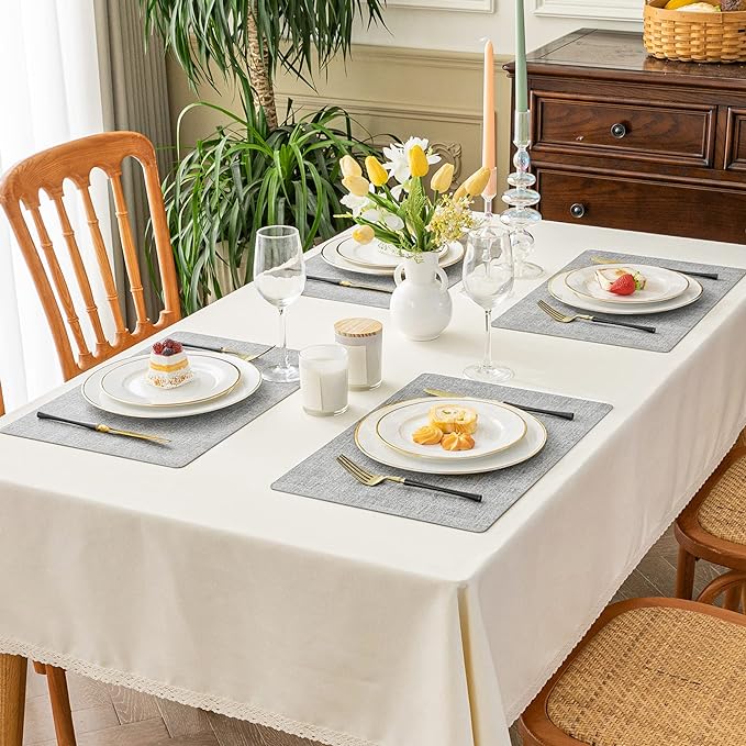 Romanstile Vinyl Placemats Set of 12-12 X 17 Inch - Heat Resistant Place Mats 100% Waterproof Oilproof Wipeable Reversible Faux Leather Table Mats for Kitchen, Dining, Party, Outdoor, Light Grey