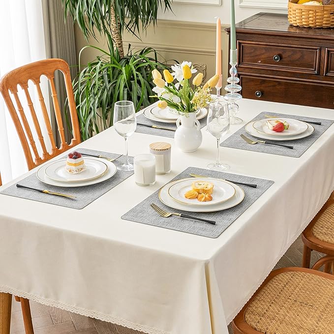 Romanstile Vinyl Placemats Set of 4-12 X 17 Inch - Heat Resistant Place Mats 100% Waterproof Oilproof Wipeable Reversible Faux Leather Table Mats for Kitchen, Dining, Party, Outdoor, Light Grey