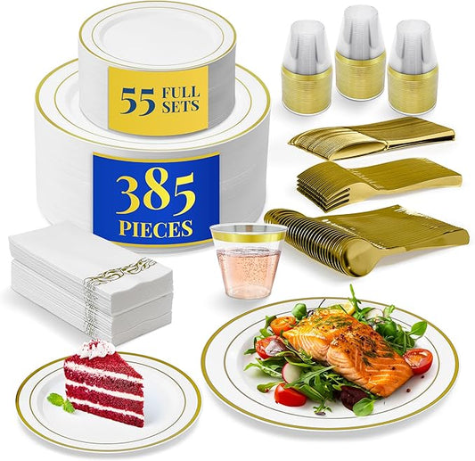 Reli. Plastic Plates for Party | 385 Pieces | White w/Gold Rim | Plates and Napkins Party Supplies | Disposable Dinnerware Set for 55 Guests | Dinner & Dessert Pack, Gold Cutlery Set, Napkins, Cups