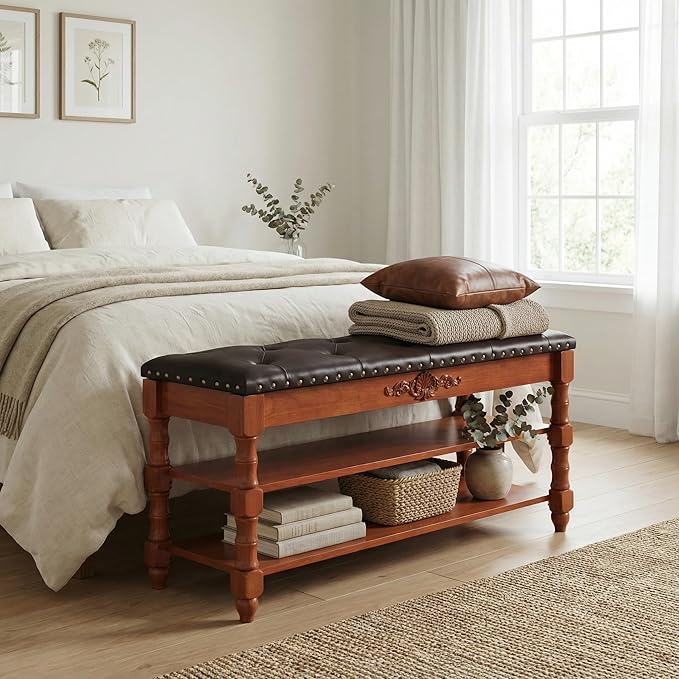 TRIBEWOOD 39-inch End of Bed Bench, Faux Leather Tufted Storage Bench with Lift Top Seat and 2 Tier Storage Shelves, Bedroom Bench Footrest Stool with Hidden Storage and Wood Leg, Vintage Style