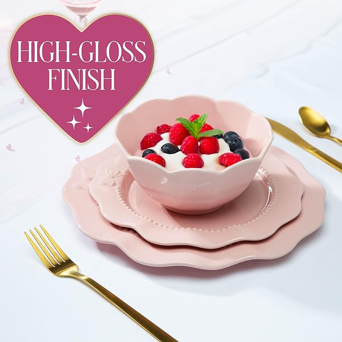 Paris Hilton 12-Piece Dinnerware Set, Embossed Bow Design, Iconic Ceramic Stoneware Service for 4 with Dinner Plates, Salad Plates, and Bowls, Microwave & Dishwasher Safe, Pink
