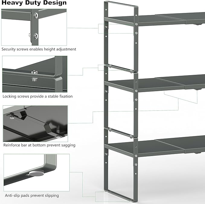 Expandable Stackable Spice Rack Cabinet Shelf Organizer in Cabinets Shelves Kitchen Cupboard Organization Stack up Racks Pantry Countertop Storage (Gun-Gray, Medium 1 Pack G)