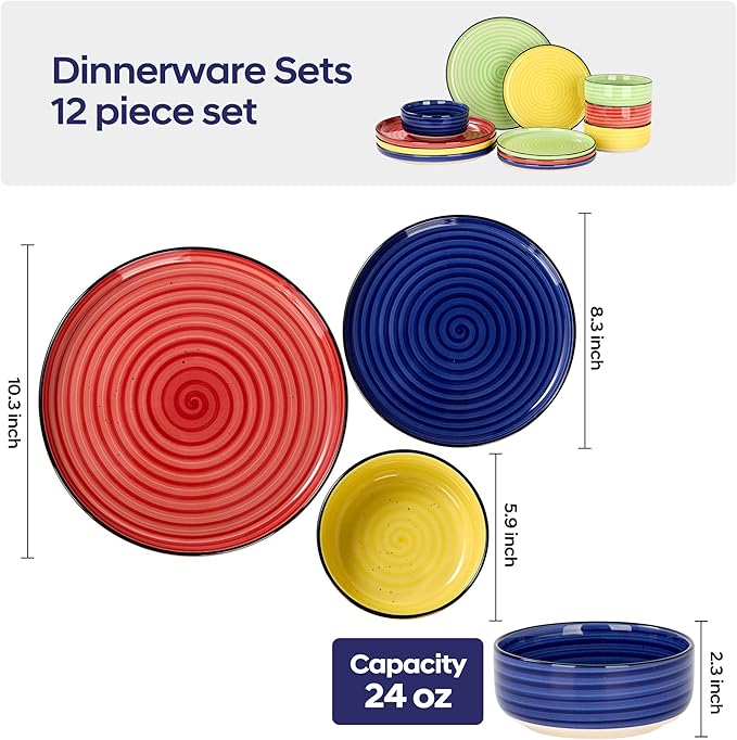 Alntlsiss Bonita Dinnerware Sets 12 Pieces, Blue Stoneware Dishes Set for 6, Plates Set and Bowls Sets, Dishwasher and Microwave Safe